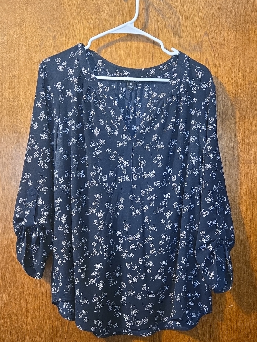 Stitch Fix 41 Hawthorne, Women's Navy Floral Blouse with Subtle White Print